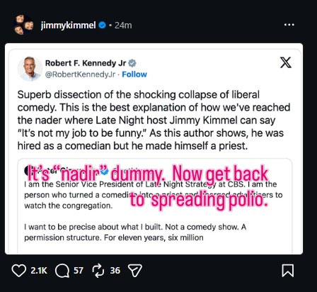 Jimmy Kimmel fires back at Robert F. Kennedy Jr amid Stephen Colbert show fallout