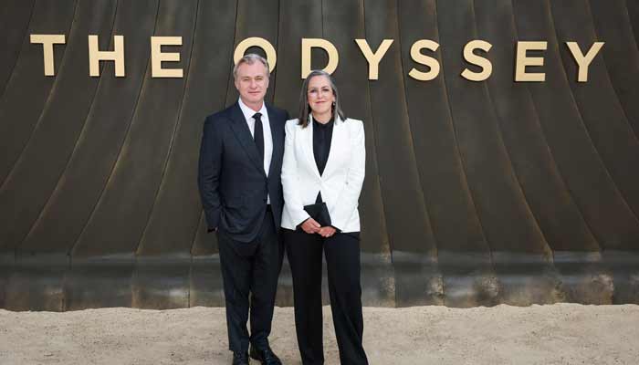 Director Christopher Nolan and producer Emma Thomas attend the The Odyssey world premiere in London, Britain, July 6, 2026.— Reuters